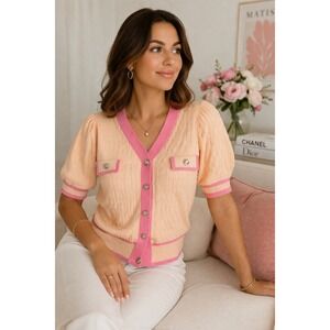 Nanette Lepore Peach Pink Knit Cardigan Short Sleeve Preppy Work Office Chic S